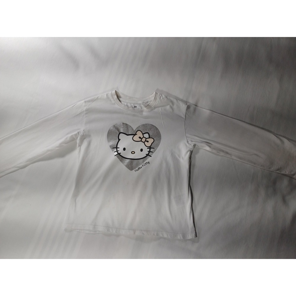 Hello Kitty Shirt Youth 6-7Y White Long Sleeve Silver Heart Graphic H&M Sanrio